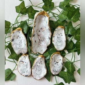 Handcrafted Decoupage Bunny Oyster Shell Trinket Dishes – Set of 6